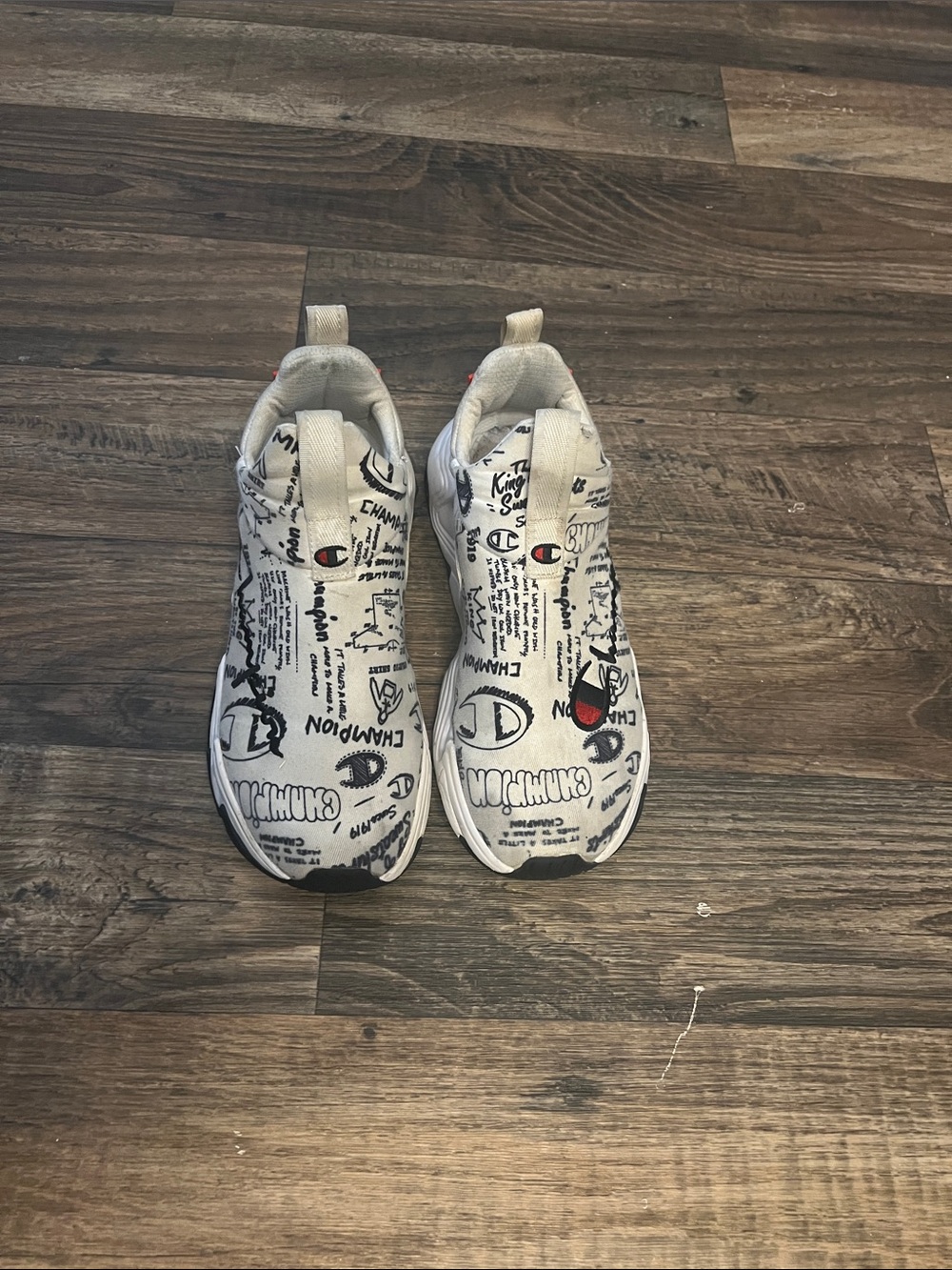 Champion White and Black Logo Graphic Kids Slip-On Sneakers